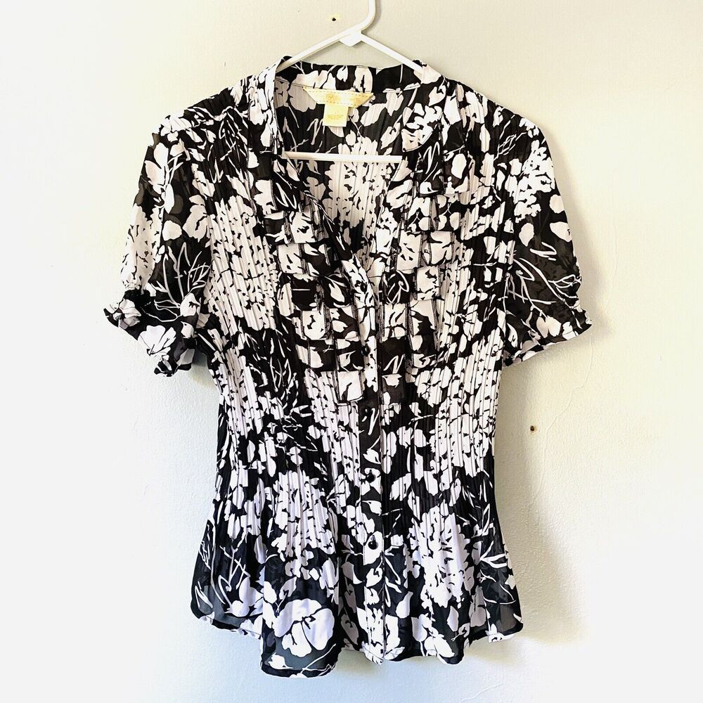 New York City Design Blouse Large Black White Floral Chiffon Button Up Vintage